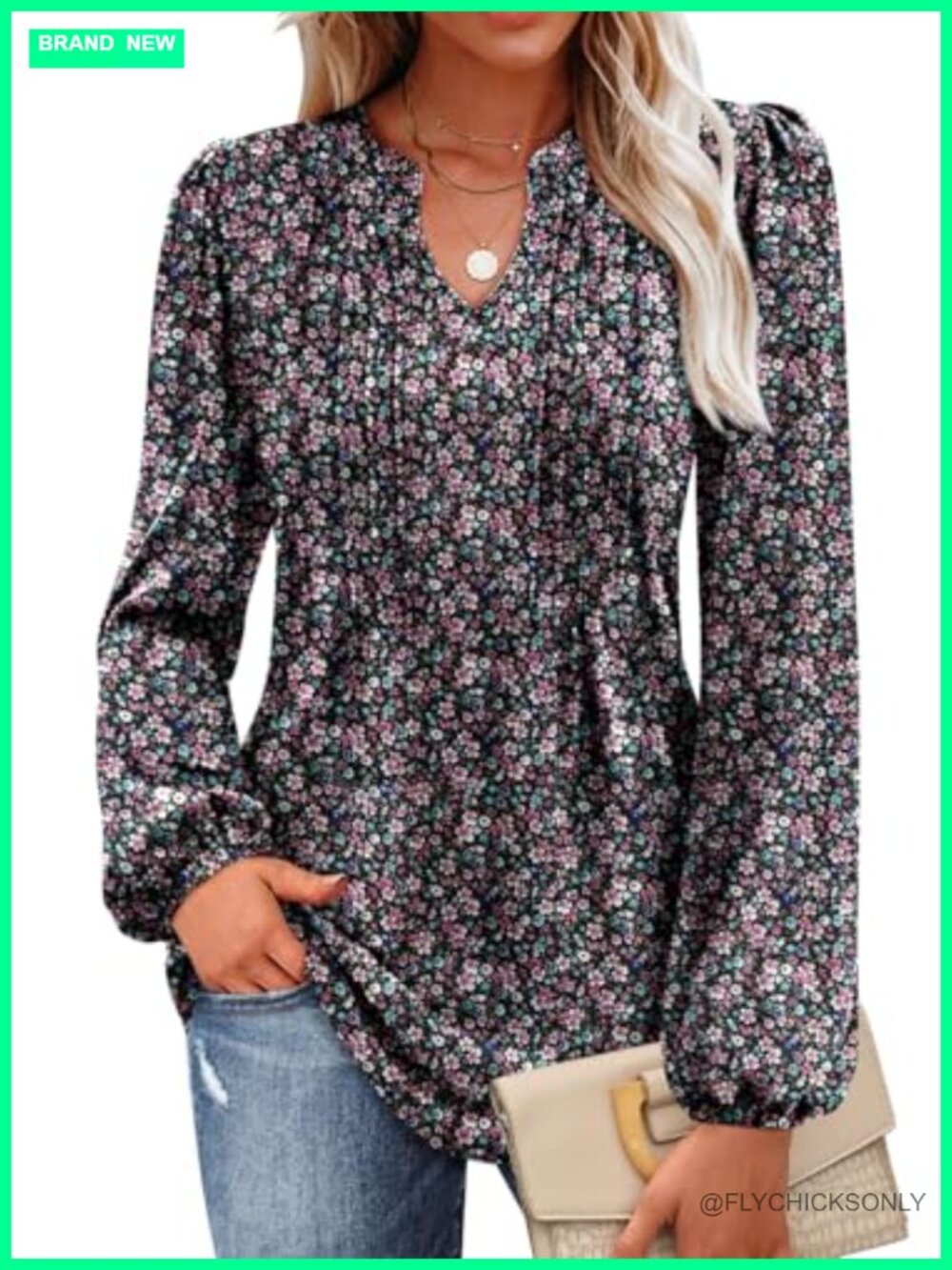 MIHOLL V Neck Puff Long Sleeve Pleated Loose Tunic Blouse Women Top